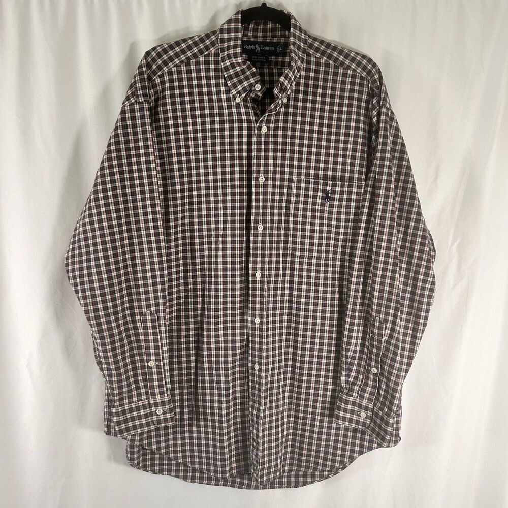 Ralph Lauren Big Shirt Mens Large Red White Plaid Long Sleeve 100% Cotton Button